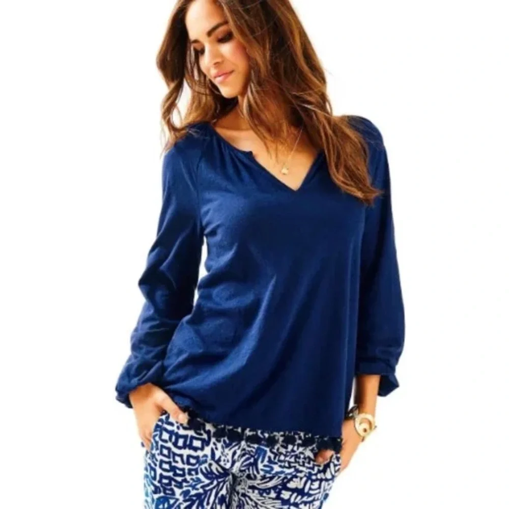 Lilly Pulitzer Linzy Tassel Trim True Navy Long Sleeve - Picture 1 of 11